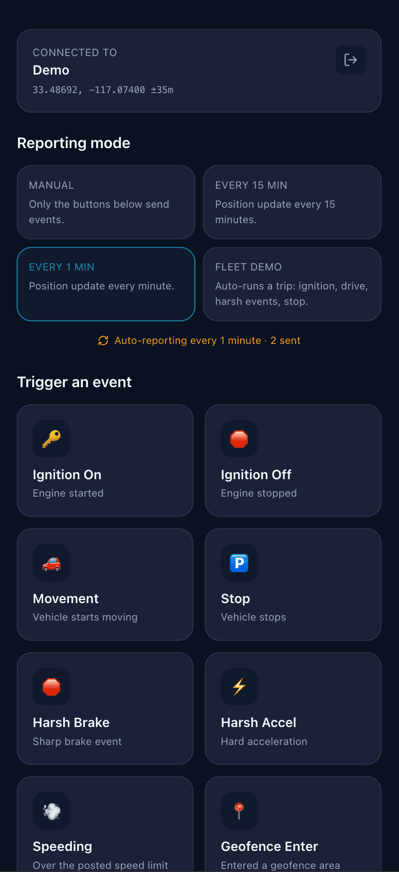 Nexara Mobile Tracker demo screen with event triggers