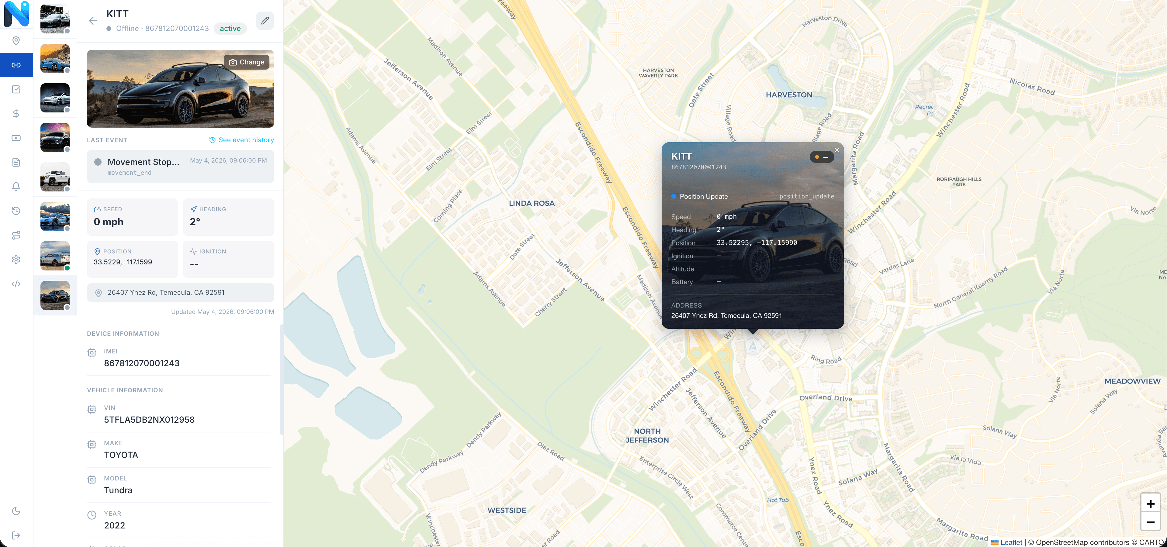Nexara live map showing tracked equipment across multiple sites