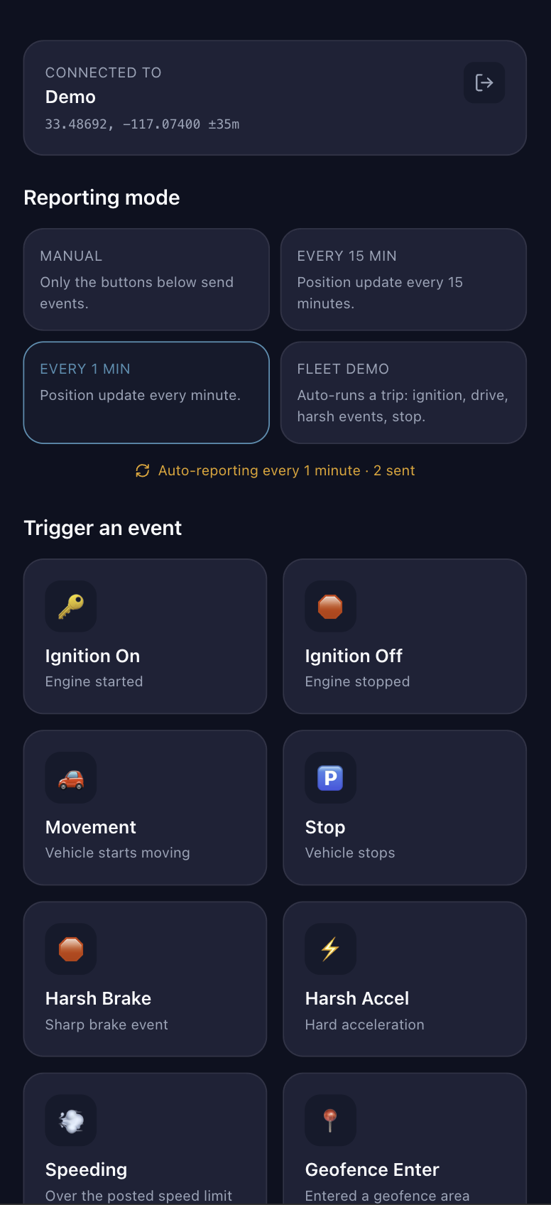 Nexara Mobile Tracker demo screen with event triggers