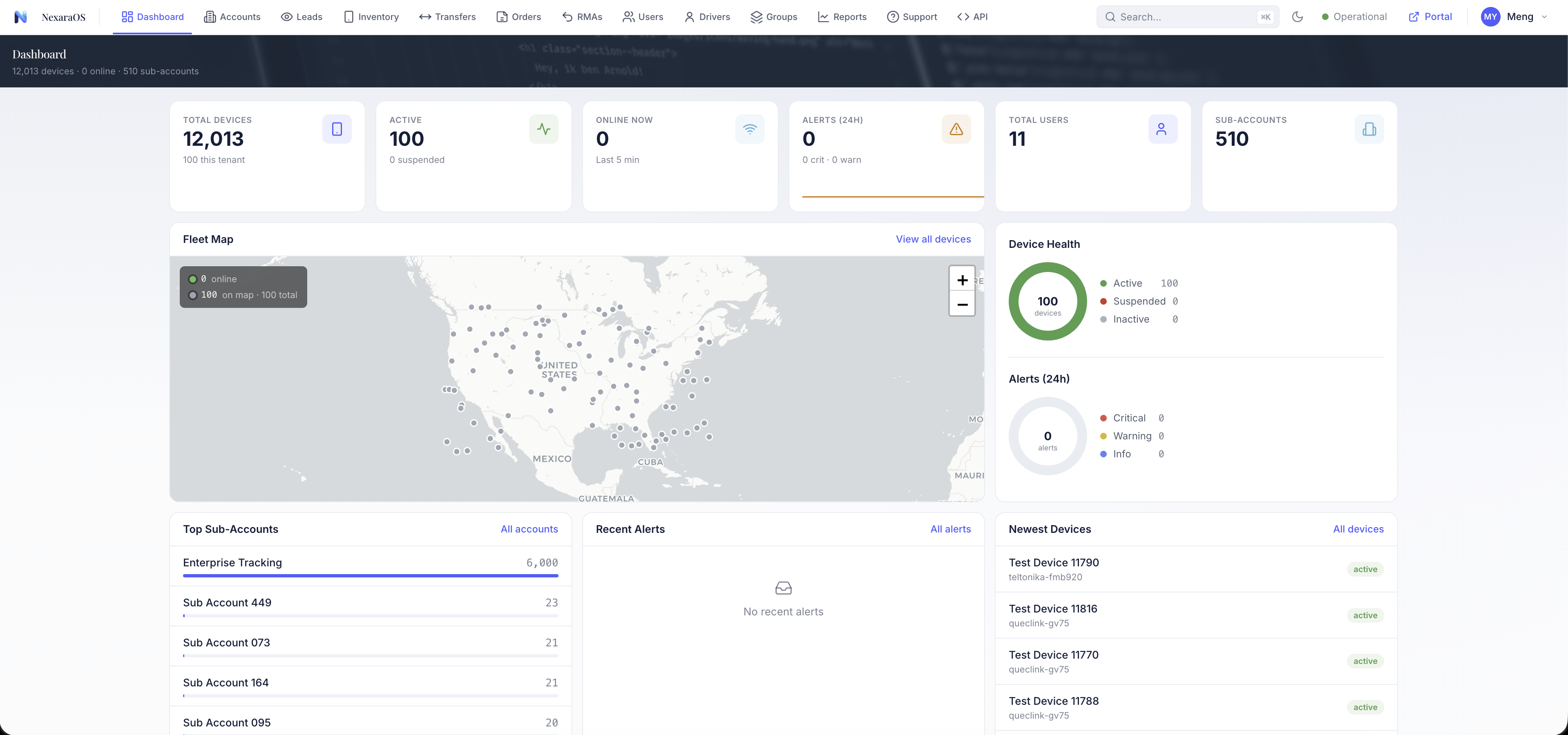 NexaraOS dashboard with fleet KPIs and live map