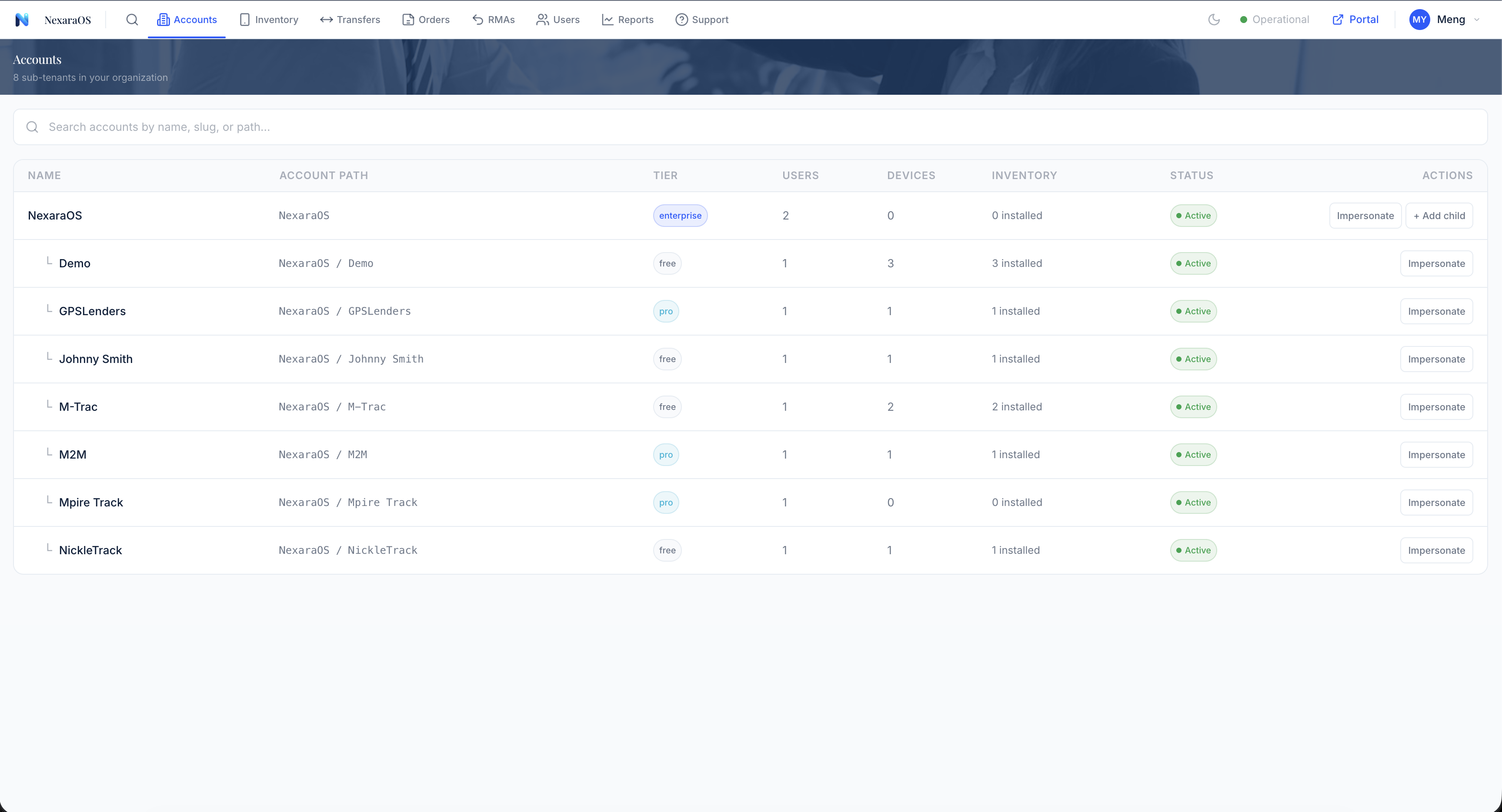 Nexara OS account hierarchy for distributors
